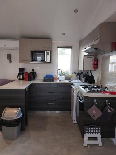 Il comprend une petite cuisine équipée d'une cuisinière et d'un évier. dans l'établissement Mobilhome N 603 - camping 4étoiles - Tout confort au calme, à Gastes