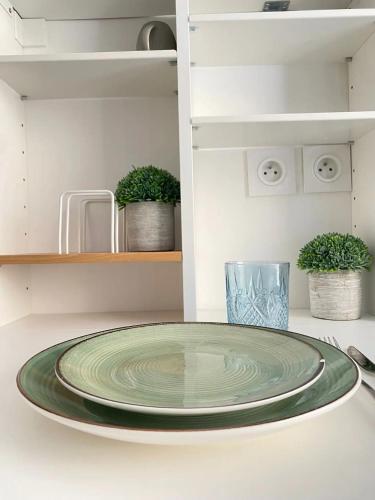 une plaque verte assise au-dessus d'un comptoir de cuisine dans l'établissement Studio Cozy centre-ville, à Nîmes