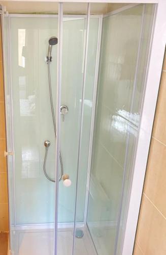 une douche avec une porte vitrée dans une salle de bain dans l'établissement appartement Vieux Port Clim, à Marseille