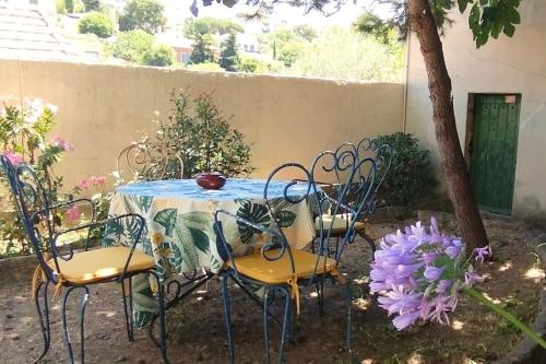 une table et des chaises assises dans la cour dans l'établissement Maisonnette du Roucas, à Marseille