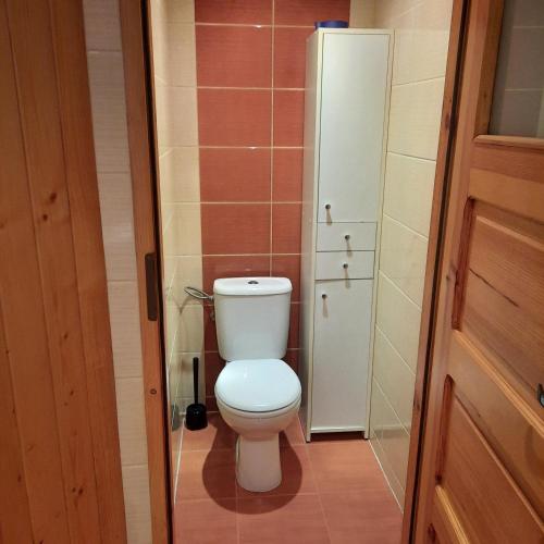 a small bathroom with a toilet in a stall at CHILL-i-Domki in Sandomierz
