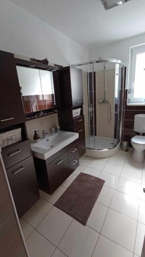 a bathroom with a shower and a sink and a toilet at Klau & Bali Apartmanház Sopron in Sopron