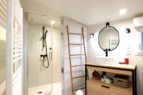 une salle de bain avec une douche, un lavabo et un miroir dans l'établissement Au Pied de la Dune, accès privé à la plage, à Saint-Georges-de-Didonne