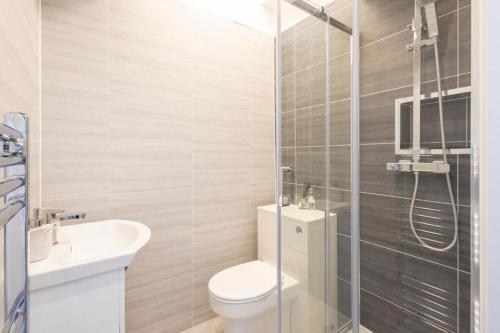 a bathroom with a toilet and a sink and a shower at Hampton Manor House - 9 Bedrooms in St Bees