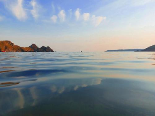 a view of the water with mountains in the background at Clyne Farm Centre in The Mumbles