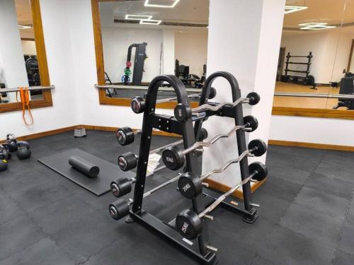 a room with a gym with weights and a mirror at Venus saadiyat beach apartment with SeaView in Abu Dhabi