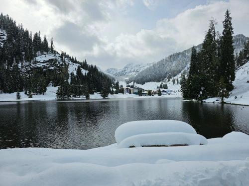 a lake covered in snow next to a mountain at Hotel Sportalmmm, Hoch-Genuss in Zauchensee