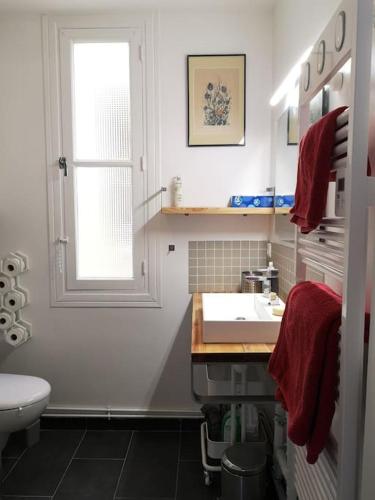 une salle de bain blanche avec un lavabo et une fenêtre dans l'établissement Charmant appartement parisien 2 pièces, à Paris