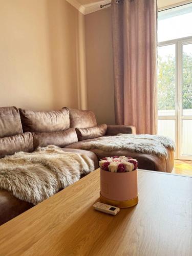 a living room with a couch and a box on a table at Ultra Central Nice Ap in Chişinău