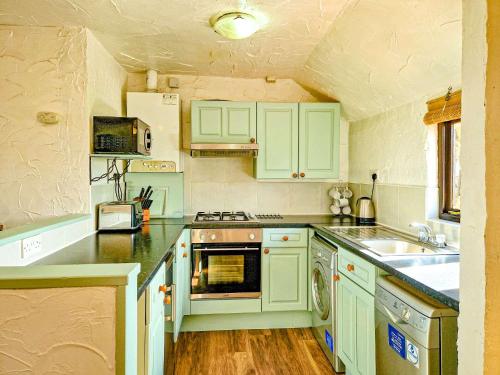a kitchen with green cabinets and a sink at Clyne Farm Centre in The Mumbles