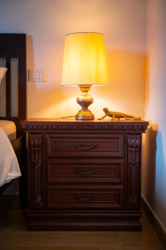 a lamp sitting on top of a dresser in a bedroom at Agriturismo Anfora della Vita in Massa Marittima