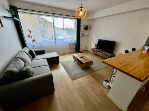 un salon avec un canapé et une table dans l'établissement Le Saint-Hilaire - appartement calme + parking, à Poitiers