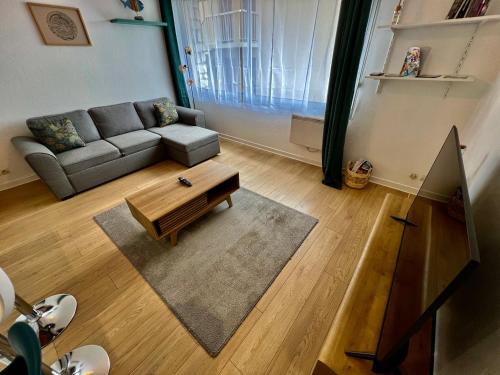 un salon avec un canapé et une table basse dans l'établissement Le Saint-Hilaire - appartement calme + parking, à Poitiers