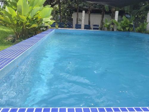a swimming pool with blue water in a yard at Apong Martina's Guest House La Union in Lacong