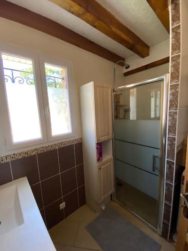 La salle de bains est pourvue d'une douche, d'un lavabo et de 2 fenêtres. dans l'établissement Magnifique propriété avec piscine chauffée, à Varennes-en-Gâtinais