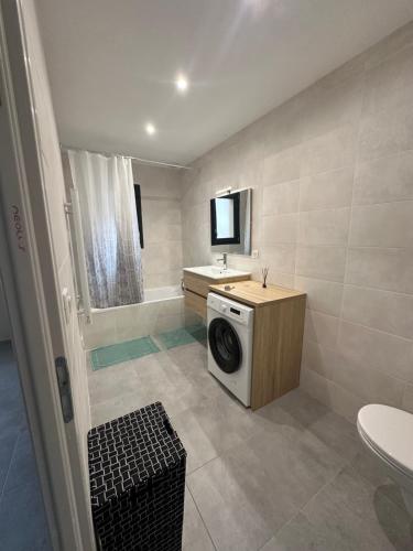 une salle de bain avec une machine à laver et un lavabo dans l'établissement Maison T3 dans un village calme, à Saint-Mitre-les-Remparts