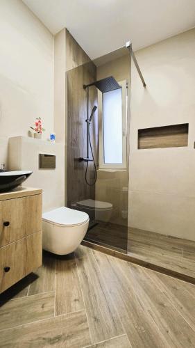 a bathroom with a toilet and a sink and a shower at Emily Apartment in Satu Mare