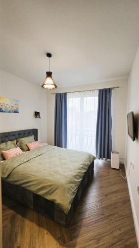 a bedroom with a large bed and a large window at Emily Apartment in Satu Mare