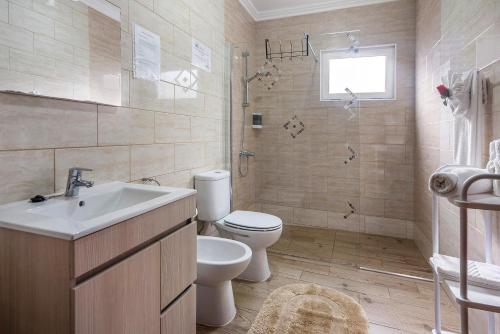 a bathroom with a toilet and a sink and a shower at Bettencourt House in Santa Cruz da Graciosa