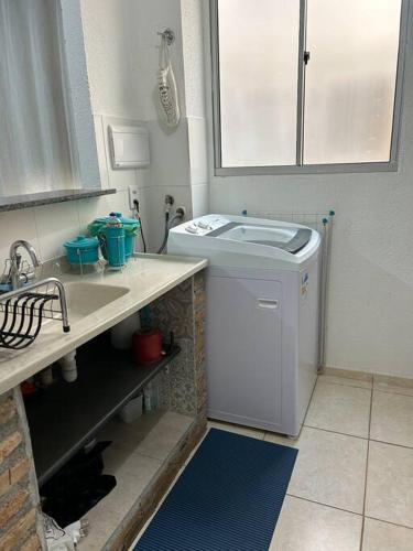 baño pequeño con lavabo y lavadora en Ap Aconchegante Catanduva II, en Catanduva