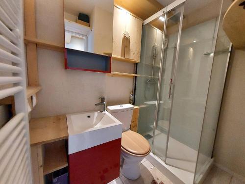 une petite salle de bain avec toilettes et douche dans l'établissement Charmant 2P 4 pers, quartier central, proche commodités et pistes - FR-1-353-133, à La Plagne Tarentaise