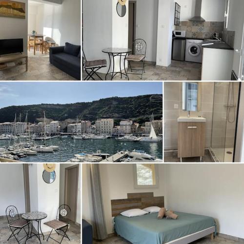 un collage de photos d'une cuisine et d'un salon dans l'établissement L'étape Bonifacienne, à Bonifacio