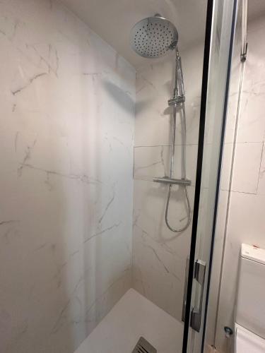 a bathroom with a shower with white marble walls at Panther Home Salvador in Seville