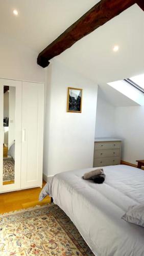 une chambre blanche avec un lit et un miroir dans l'établissement Clim-Ascenseur T2 Capitole à 5' Gare à 7', à Toulouse