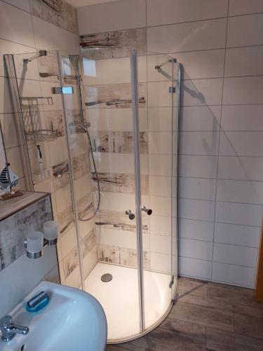 a shower with a glass door in a bathroom at Sweet Home - Sweet Dreams in Oelsnitz