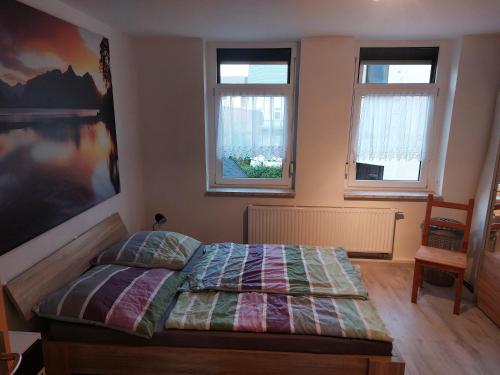 Un dormitorio con una cama y dos ventanas. en Sweet Home - Sweet Dreams, en Oelsnitz