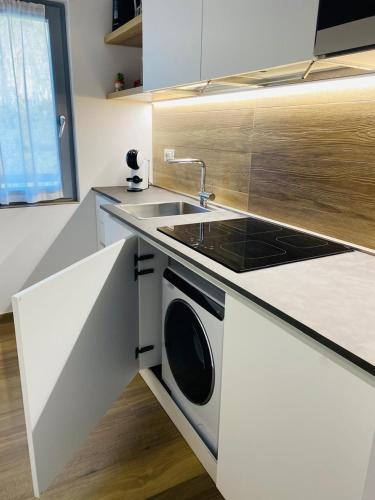 a kitchen with a sink and a stove at Villa Betty Apartments in Arco