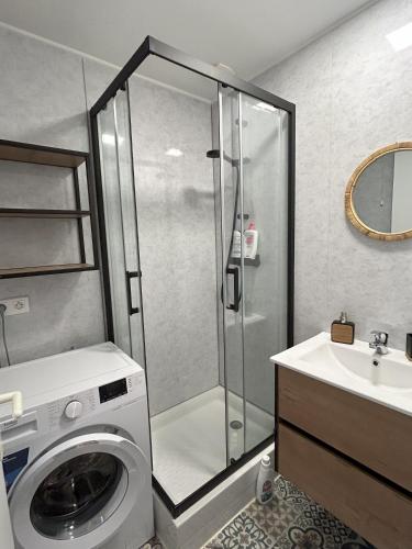 une salle de bain avec une machine à laver et un lavabo dans l'établissement Souleih d Ossau 203, à Bielle