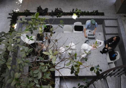 an overhead view of two people working in a garden at Cataleya Estate Boutique Bed & Breakfast in Bangkok