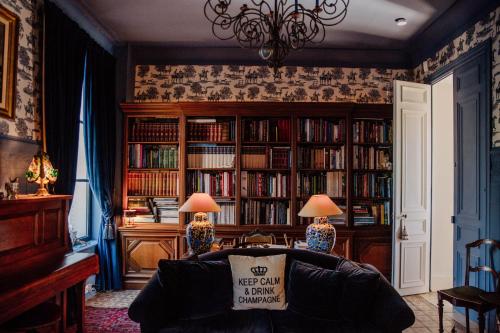 a living room with a book shelf filled with books at Château de Picheny in Picheny