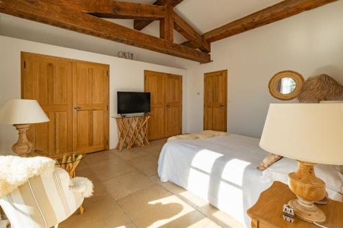 une chambre avec un lit et une télévision dans une pièce dans l'établissement La Bastide de la Forêt, à Bonnieux
