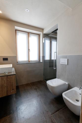a bathroom with a toilet and a sink and a mirror at BAITA LARIX BORMIO in Bormio
