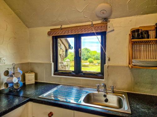 a kitchen with a sink and a window at Clyne Farm Centre in The Mumbles