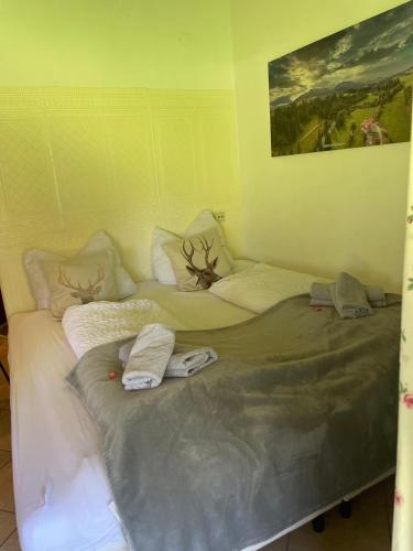 two beds in a room with towels on them at Landhaus Alpenblick in Obsteig