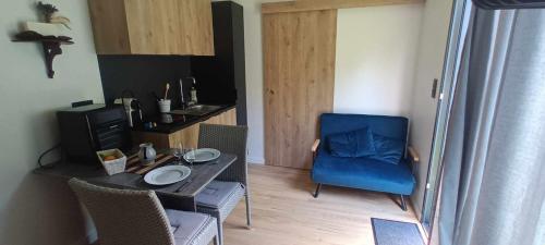 a living room with a table and a blue chair at Au fond du jardin in Wintzenheim-Kochersberg