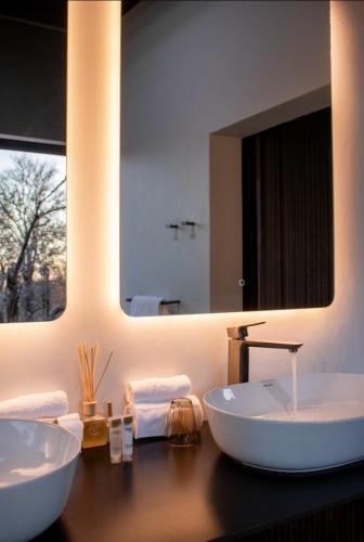 a bathroom with two sinks and a large mirror at Umoya Safari Lodge in Matlhagame