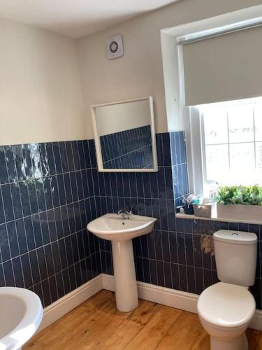 a bathroom with a toilet and a sink and a mirror at Historic 3 double bed whole house by castle in Lancaster