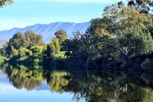 a body of water with trees and mountains in the background at Ammara Farmstay in Bonnievale