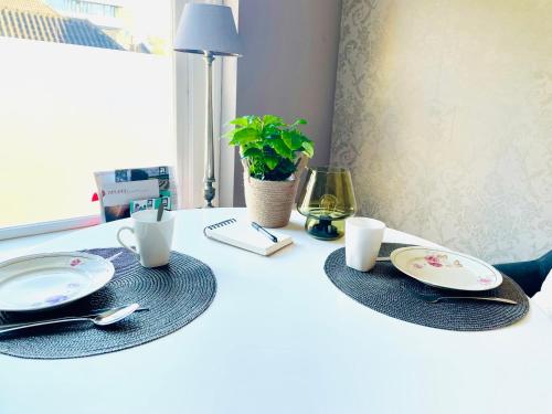 a table with plates and cups and a plant on it at B&B de Notaris in Assen