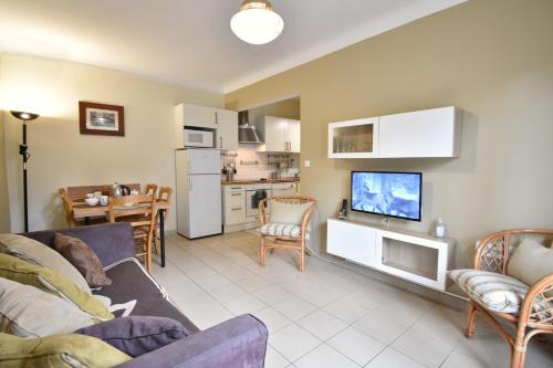 un salon avec un canapé et une télévision et une cuisine dans l'établissement Anlga - Hossegor villa mitoyenne de plain pied rénovée avec jardinet clos et terrasse, à Soorts-Hossegor