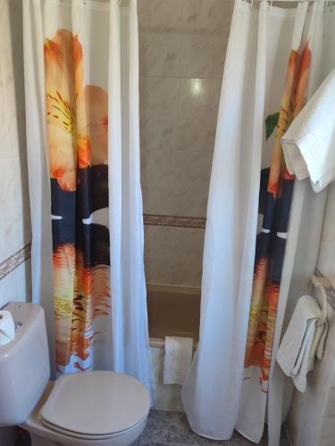 a bathroom with a toilet and a shower curtain at Casa Reyes Fataga in Fátaga
