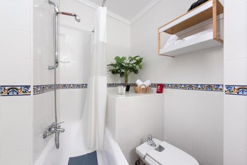 a white bathroom with a shower and a toilet at Casa Lucero Ronda in Ronda
