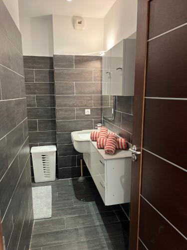 La salle de bains est pourvue d'un lavabo et de murs carrelés. dans l'établissement T3 moderne et spacieux à BASTIA, à Bastia