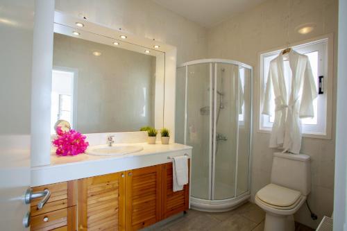 Un baño con lavabo, ducha e inodoro. en Meneou Beachfront Villa Sunset, en Perivolia