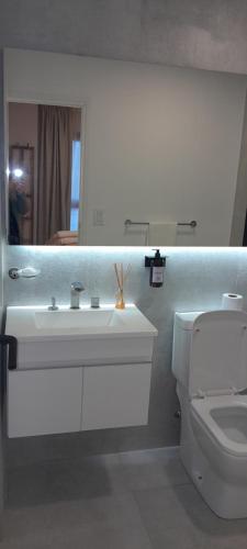 een badkamer met een wastafel, een toilet en een spiegel bij Complejo Cantal Porto in Salta