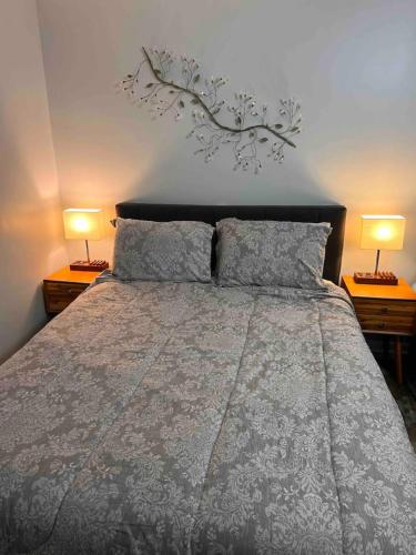 a bedroom with a bed with two lamps on two tables at Cozy Studio Retreat. Pet Yes in Beaufort